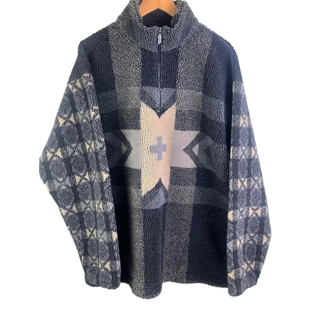 VTG North Face Gray Star Tribal‎ Pattern 1/4 Zip Pull Over Sherpa Fleece USA XL